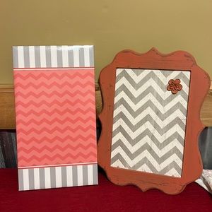 Coral chevron patterned magnetic wall decor with hanging dry erase board